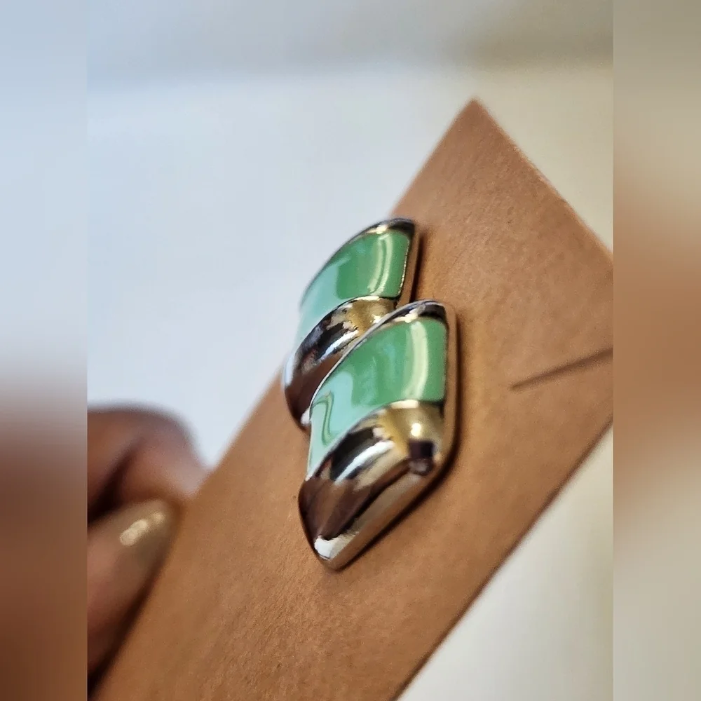 Vintage Avon Silver and Green Enamel Square Stud Earrings